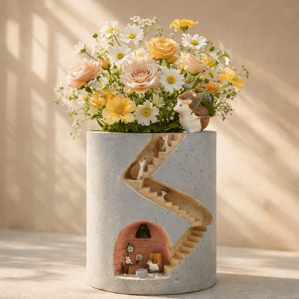 Igel-Figuren-Pflanzgefäß mit Treppe – dekorativer Blumentopf aus Kunst – Germiant