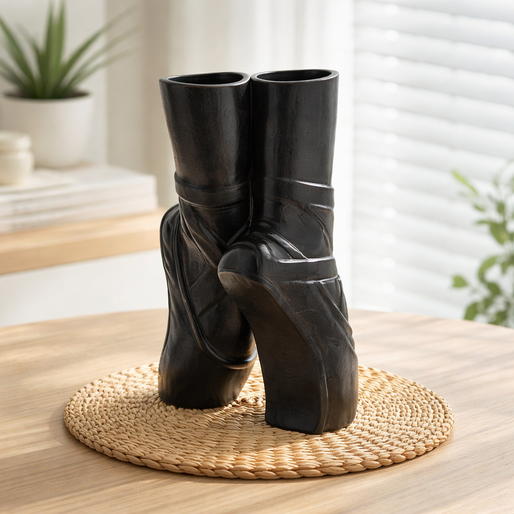 Black boot-shaped vase on a woven mat with a blurred indoor background