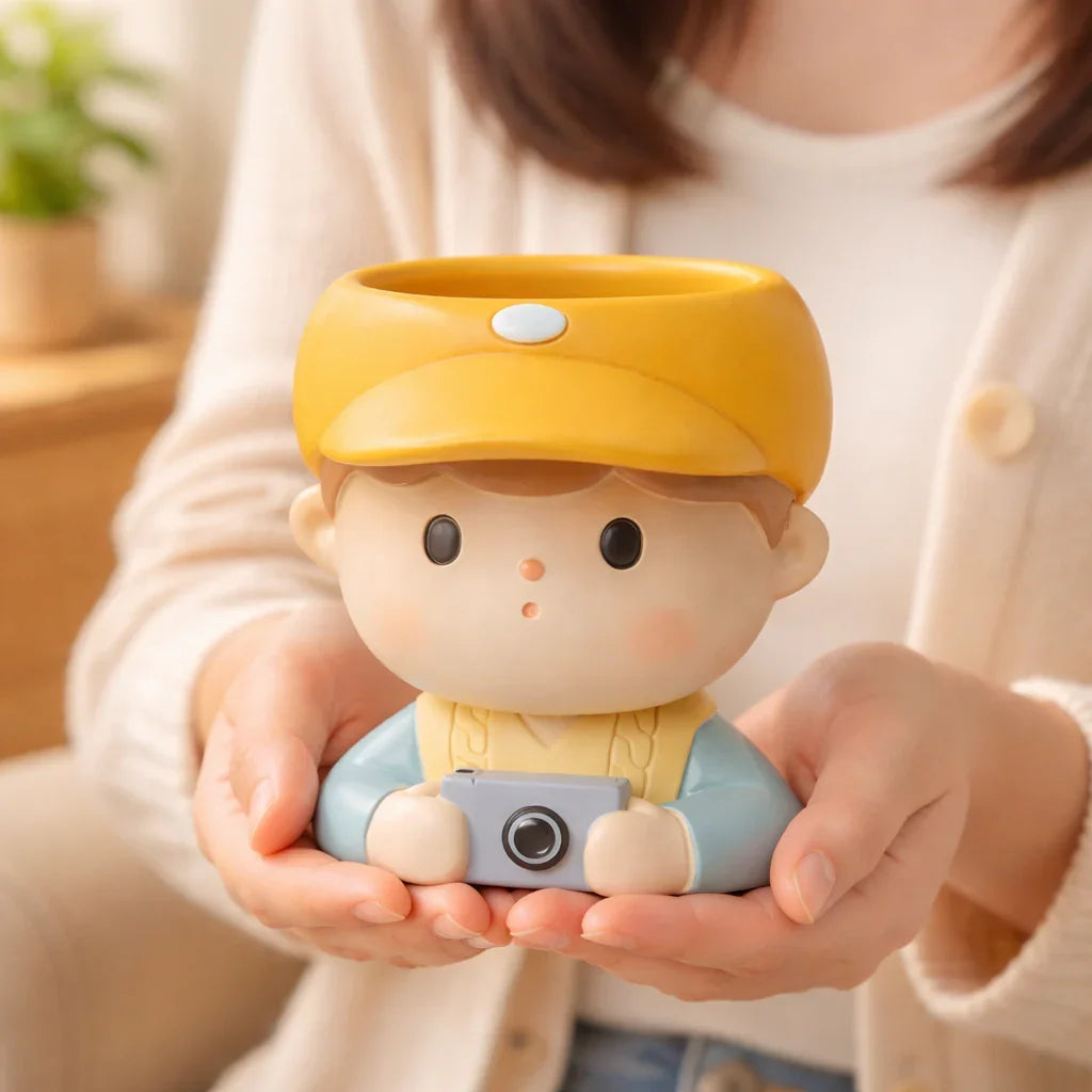 Cute boy planter with yellow cap and camera held in hands, Germiant home decor