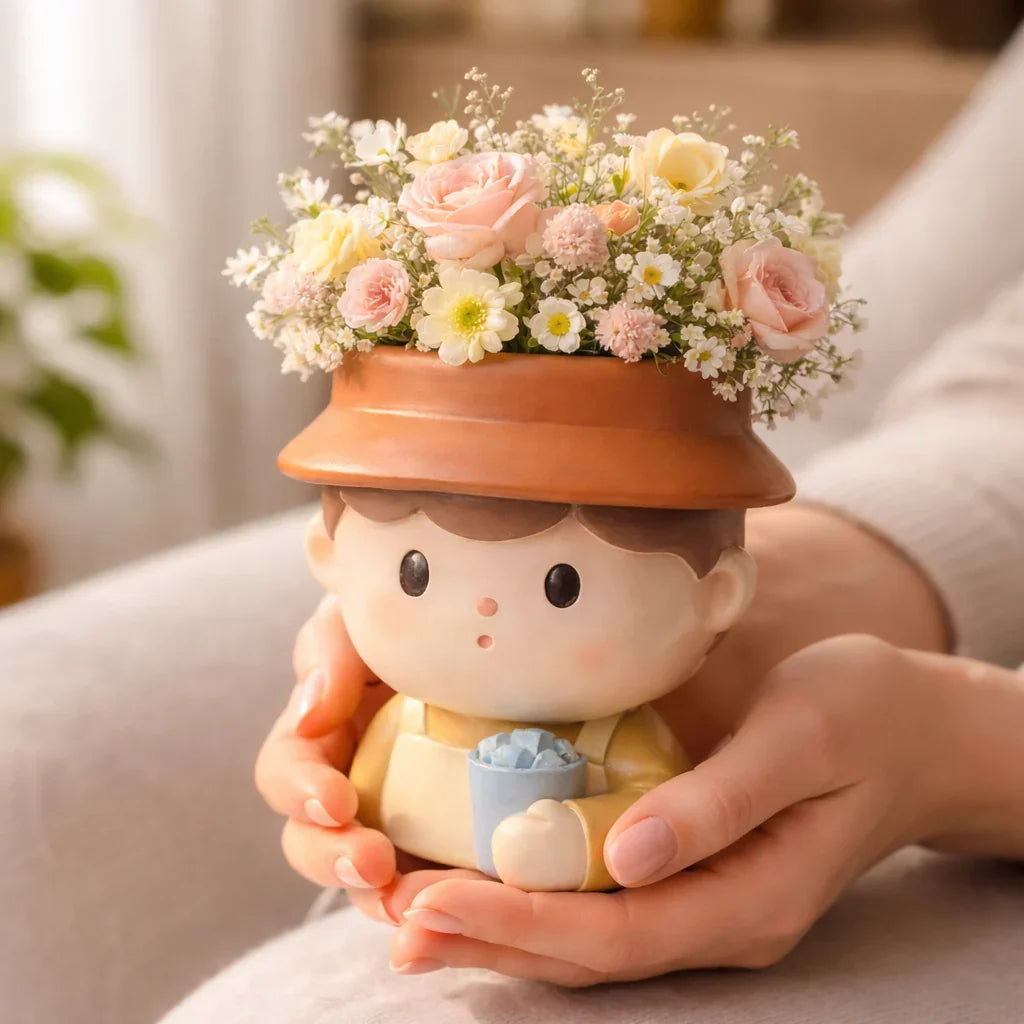 Cute ceramic boy flower pot with pastel roses and daisies, held gently in hands, Germiant decor.
