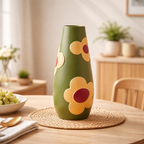 Decorative vase with floral patterns on a wooden table in a bright room.