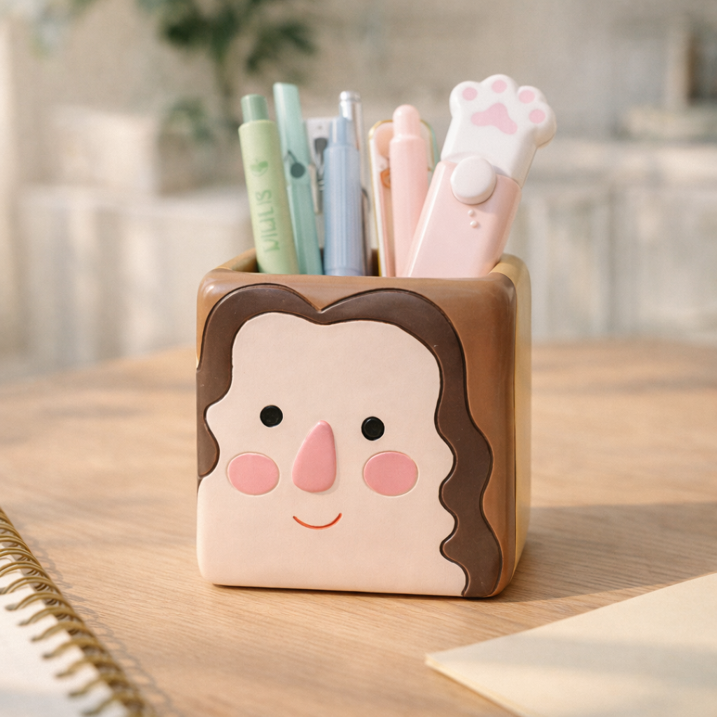 Cute cartoon character pencil holder with stationery items on a wooden surface