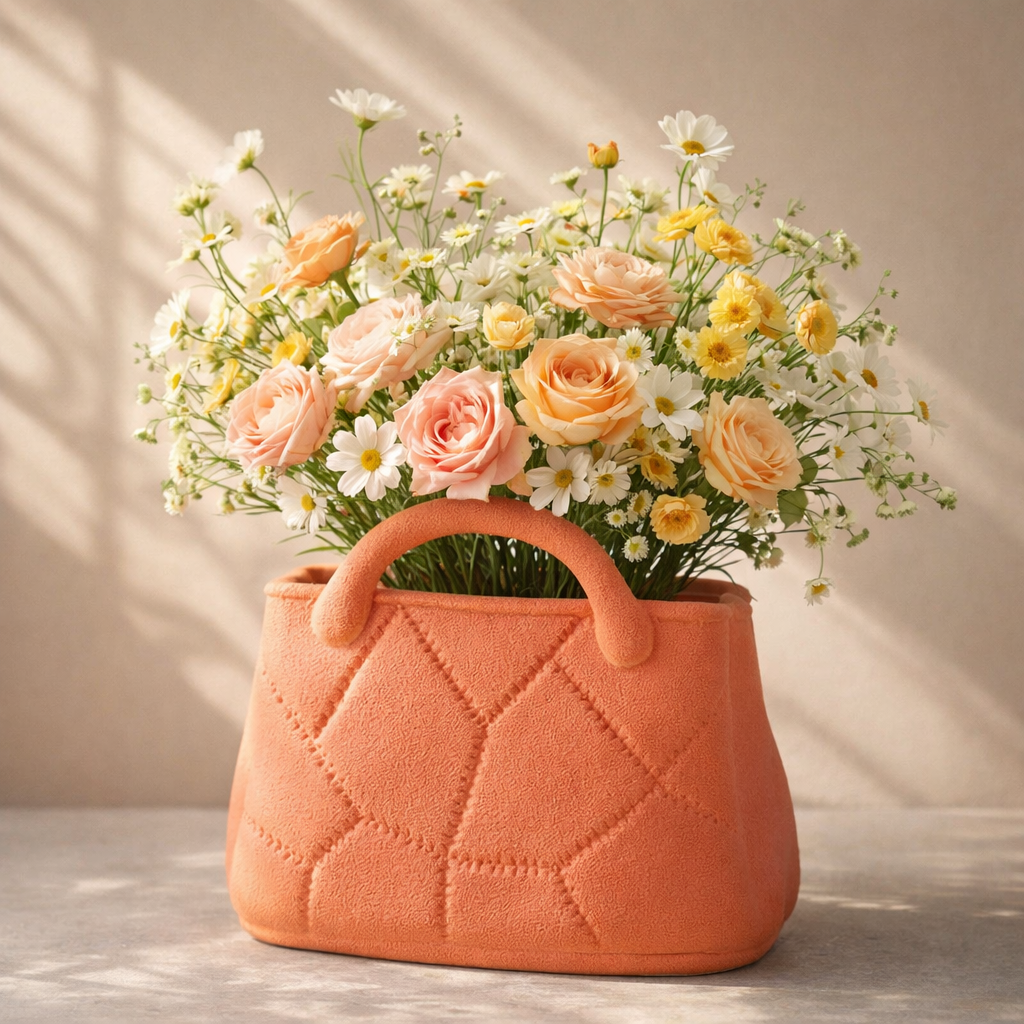 Floral arrangement in an orange quilted bag against a neutral background