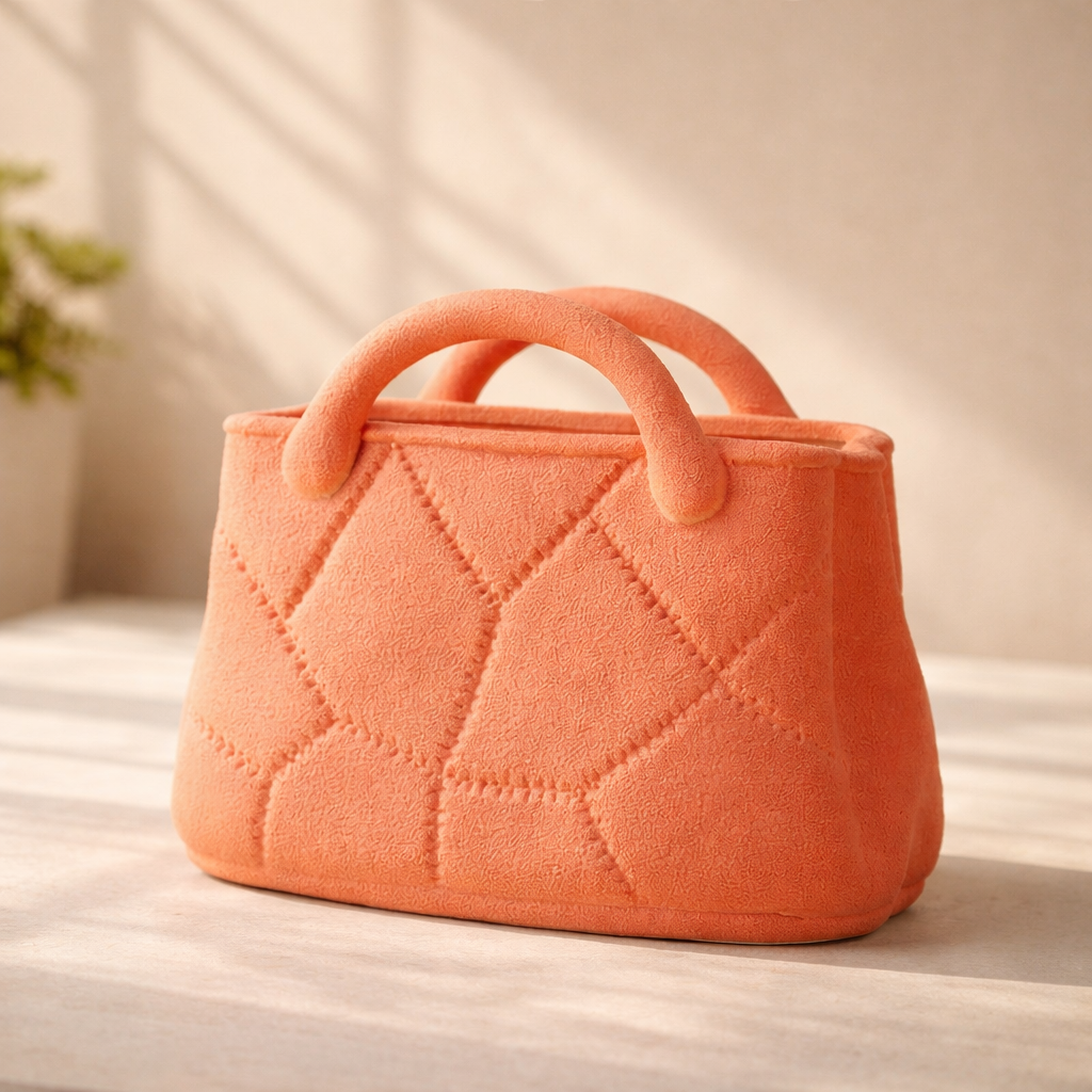 Orange quilted handbag on a light surface with a soft background