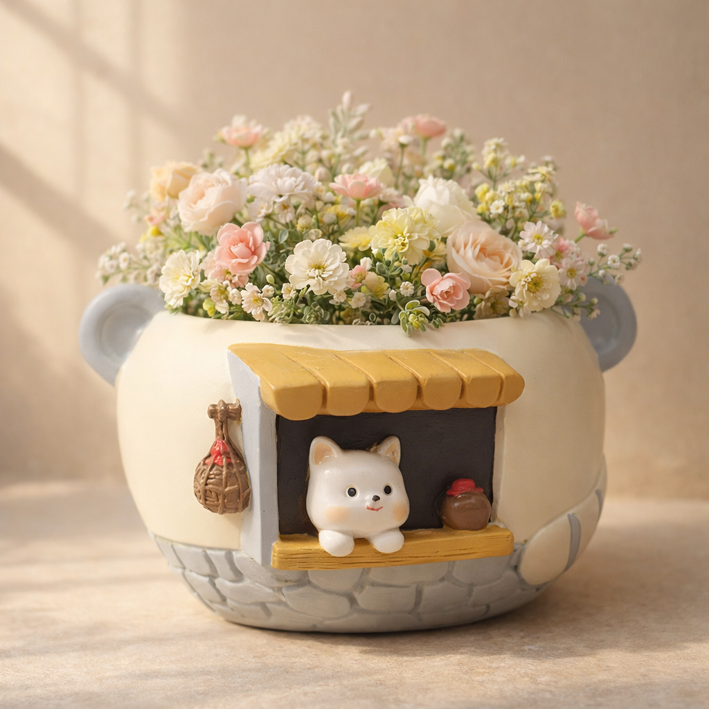 Ceramic planter with cute cat design, pastel artificial flowers, Germiant home decor