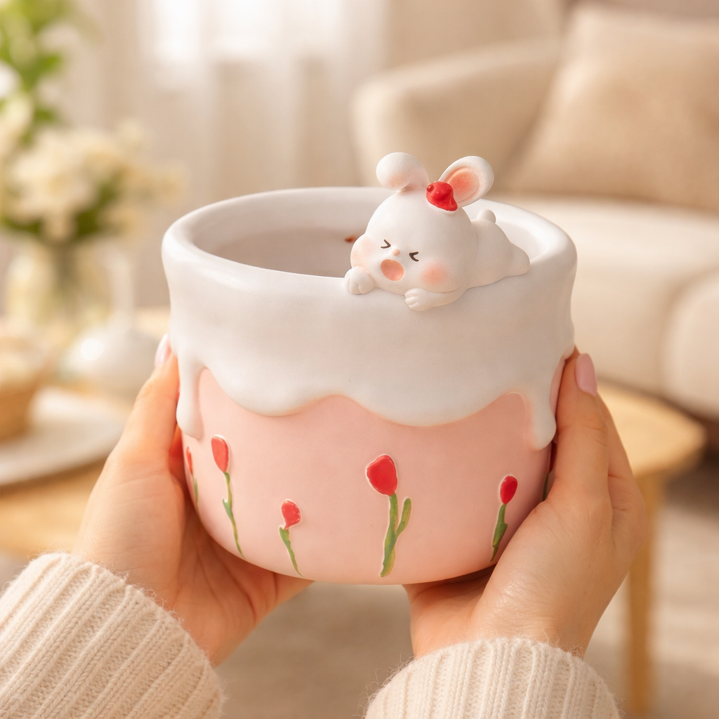 Ceramic mug with a mouse design held by a person in a cozy indoor setting.