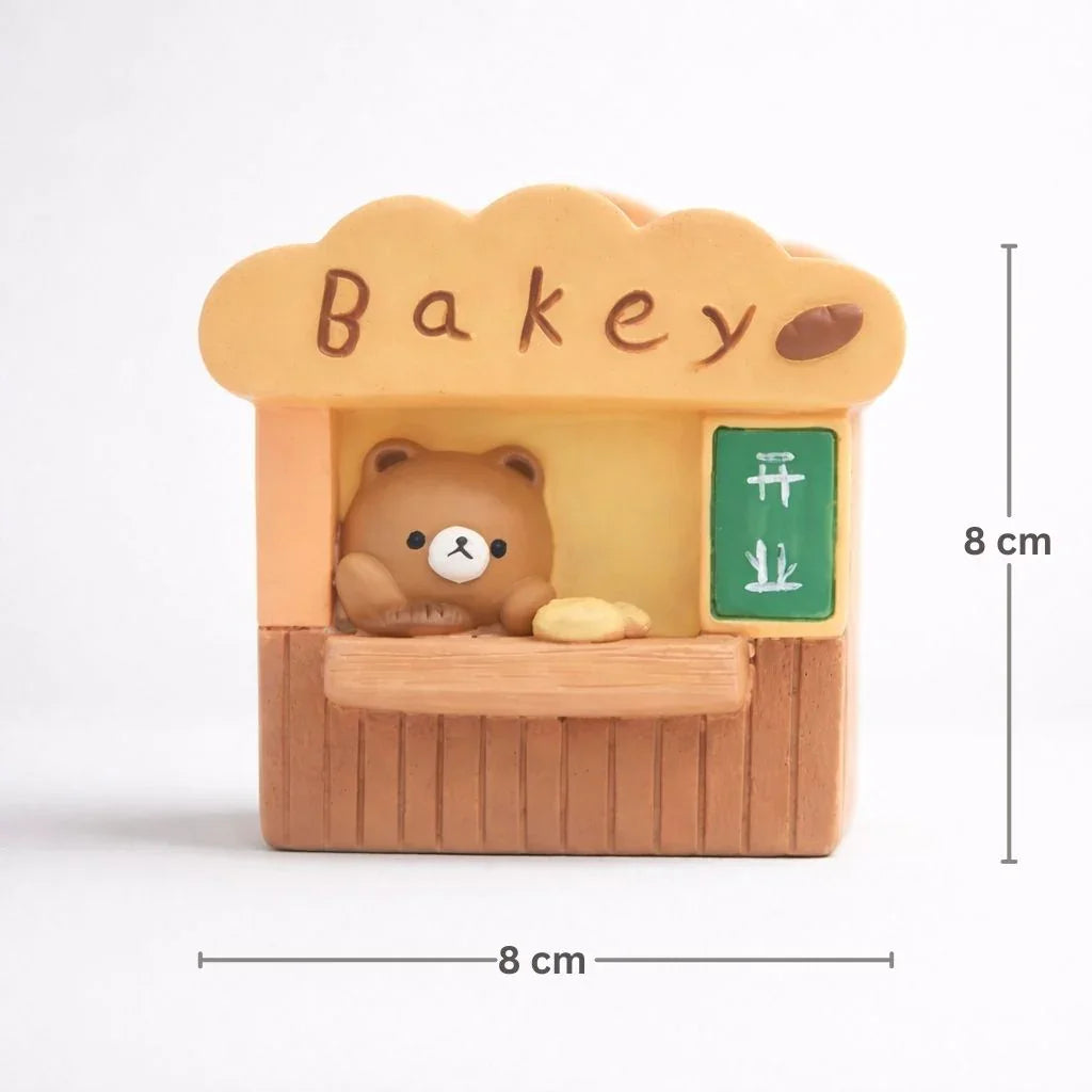 Cute bear figurine at mini bakery shop with chalkboard sign, 8x8 cm, Germiant decor