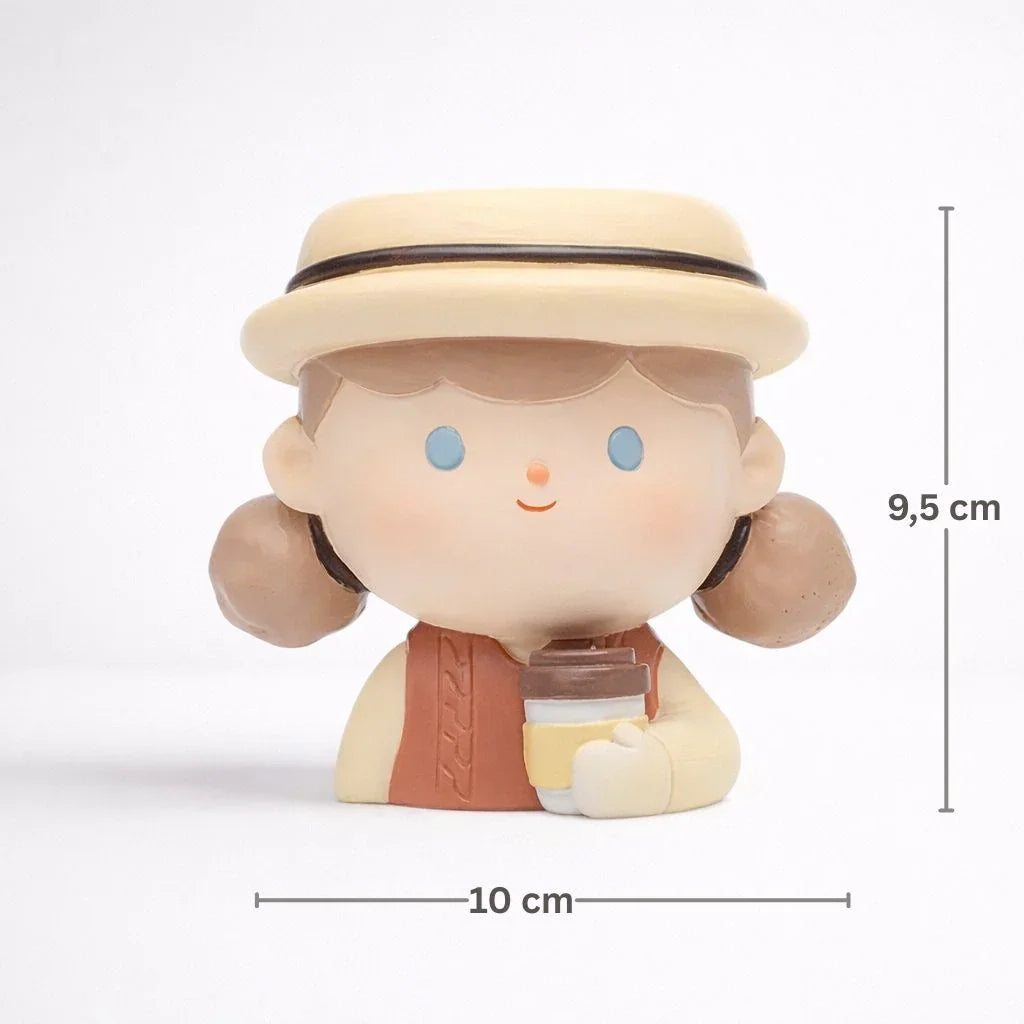 Cute girl figurine with pigtails and hat holding coffee cup, Germiant decor, 9.5x10cm