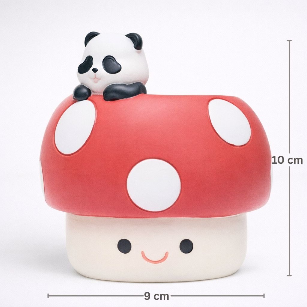 Cute panda figurine on a red mushroom with measurements indicated