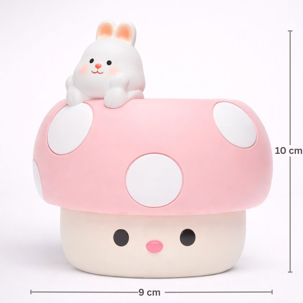 Cute cartoon-style pink mushroom with a small white rabbit on top, featuring measurements on a white background.