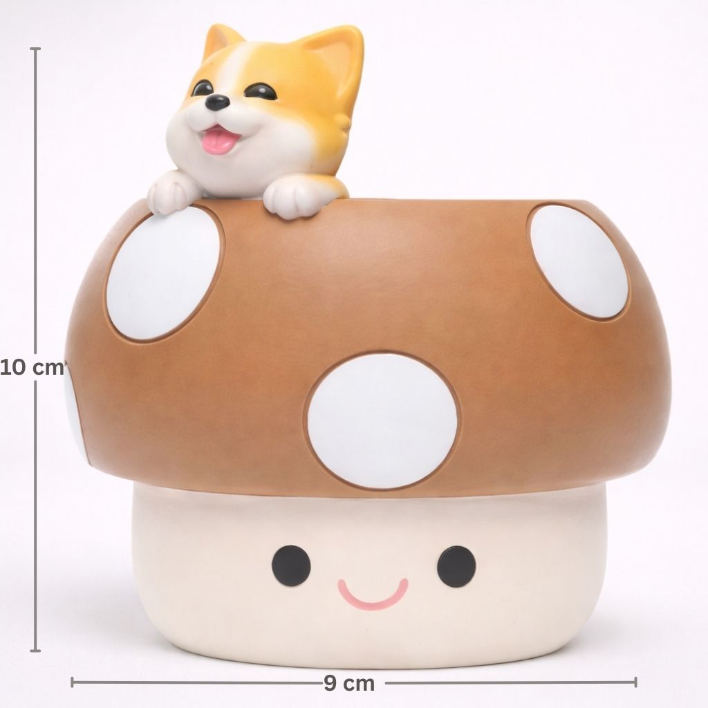 Cute dog figurine on a mushroom-shaped container with measurements indicated.