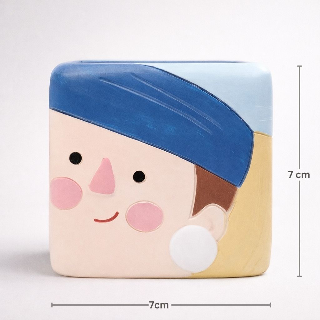 Cute character-shaped container with a blue cap and measurements on a white background