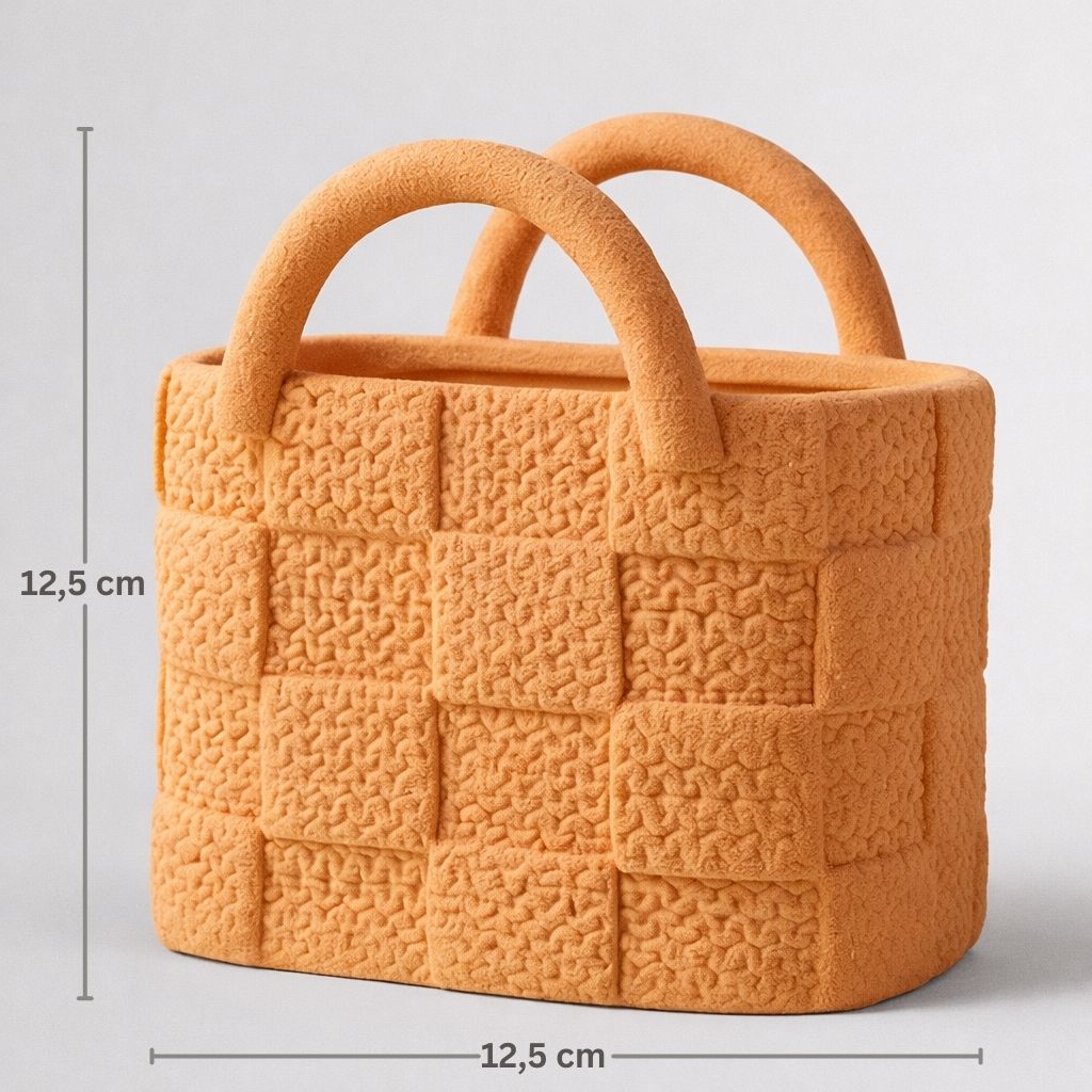 Orange textured handbag with dimensions on a light gray background