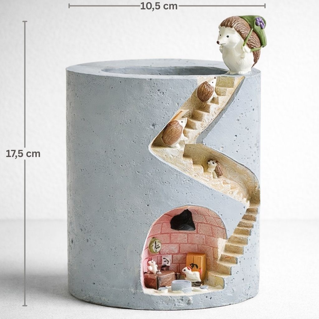 Concrete planter with a decorative animal figure and miniature scene inside, showing dimensions.