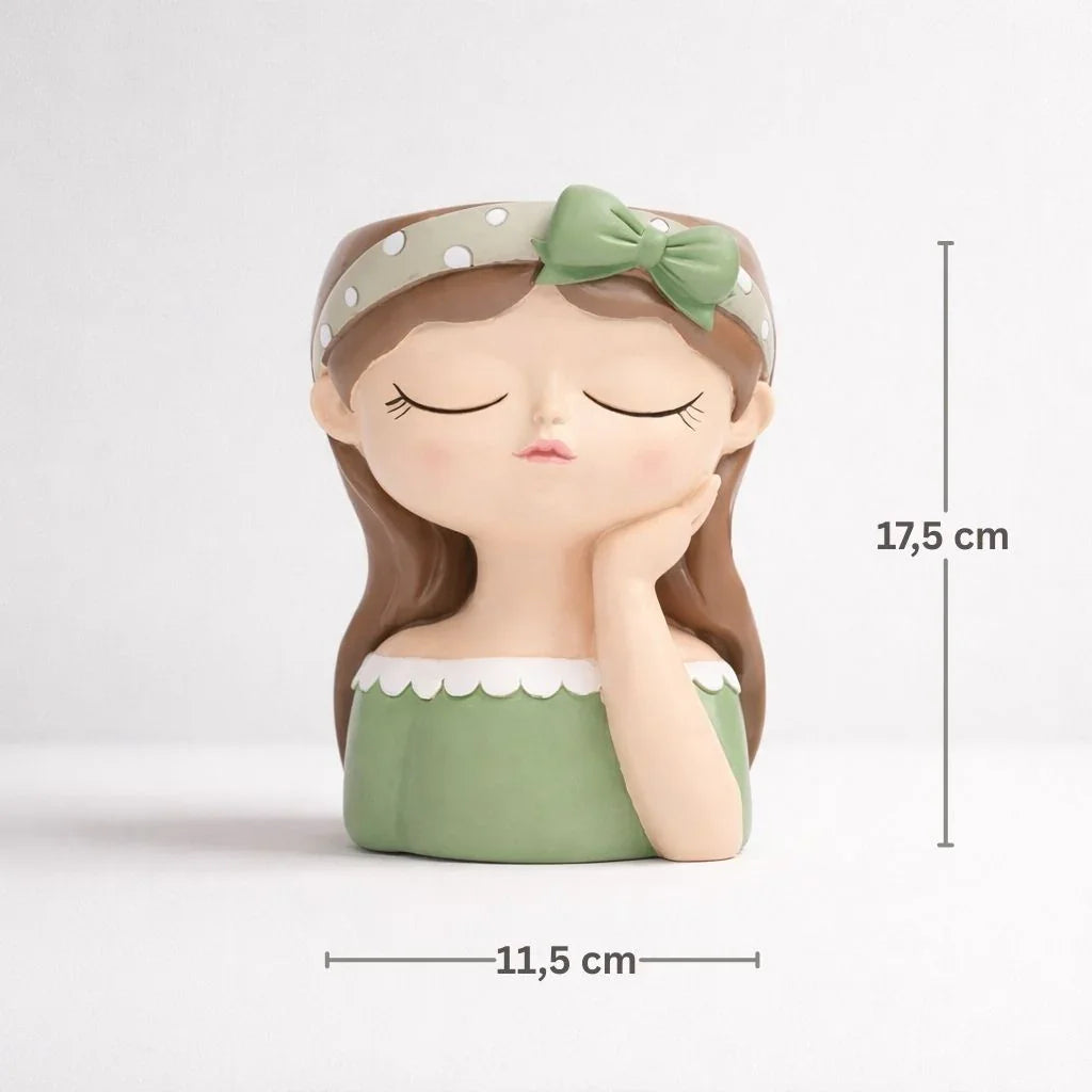 Decorative girl head planter with green dress and bow, 17.5x11.5 cm, Germiant home decor