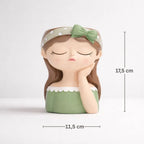 Decorative girl head planter with green dress and bow, 17.5x11.5 cm, Germiant home decor