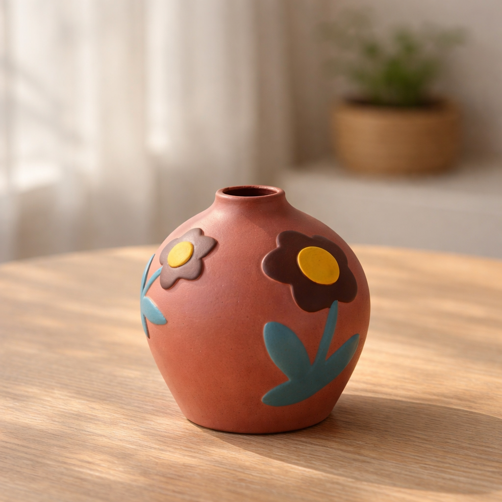 Ceramic vase with floral designs on a wooden surface