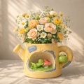 Yellow watering can vase with roses, daisies, and frogs, Germiant floral home decor