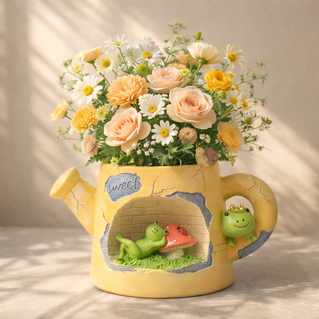 Yellow watering can vase with roses, daisies, and frogs, Germiant floral home decor