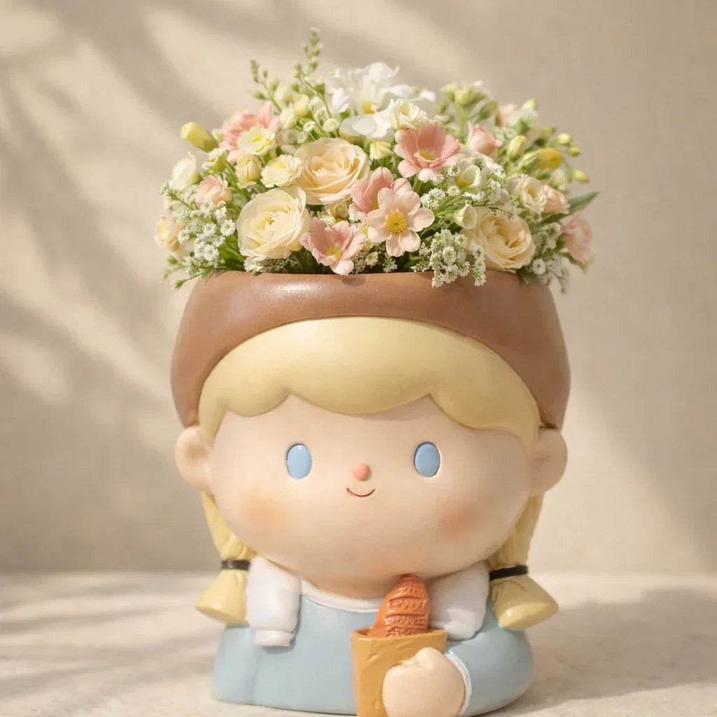 Cute girl planter vase with pastel roses and flowers, Germiant home decor