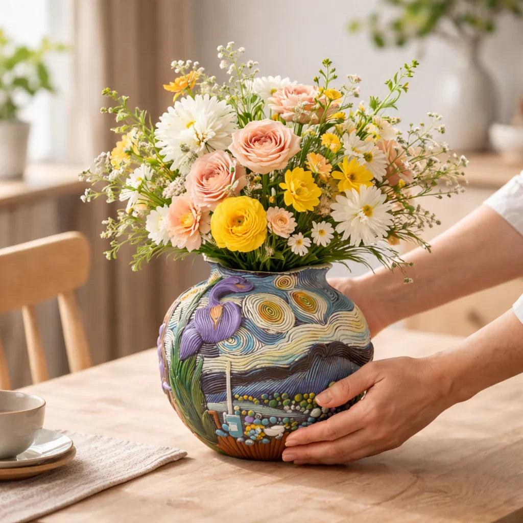 Colorful flower arrangement in a Van Gogh-inspired ceramic vase on a wooden table at Germiant
