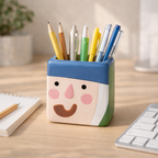 Pencil holder with cartoon face design on a desk with stationery items