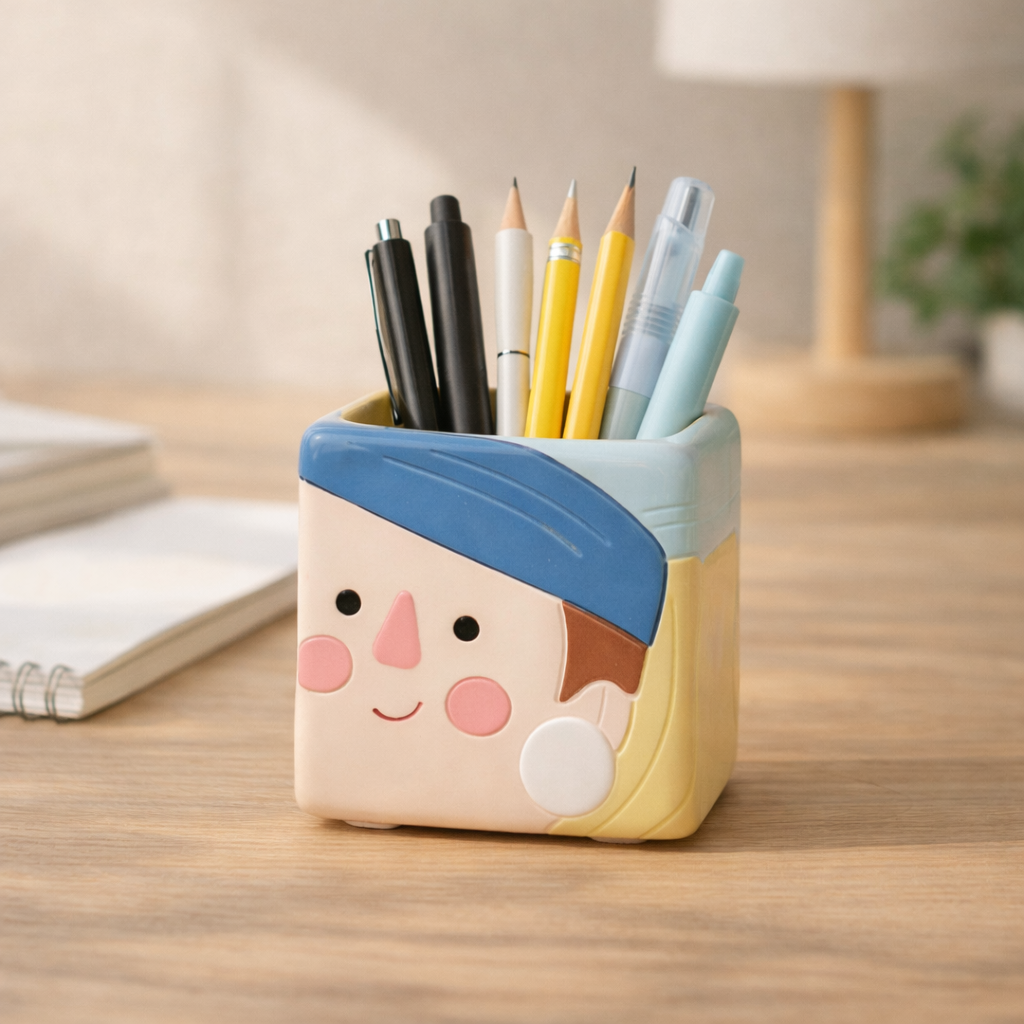 Cute cartoon-style pen holder with stationery items on a desk