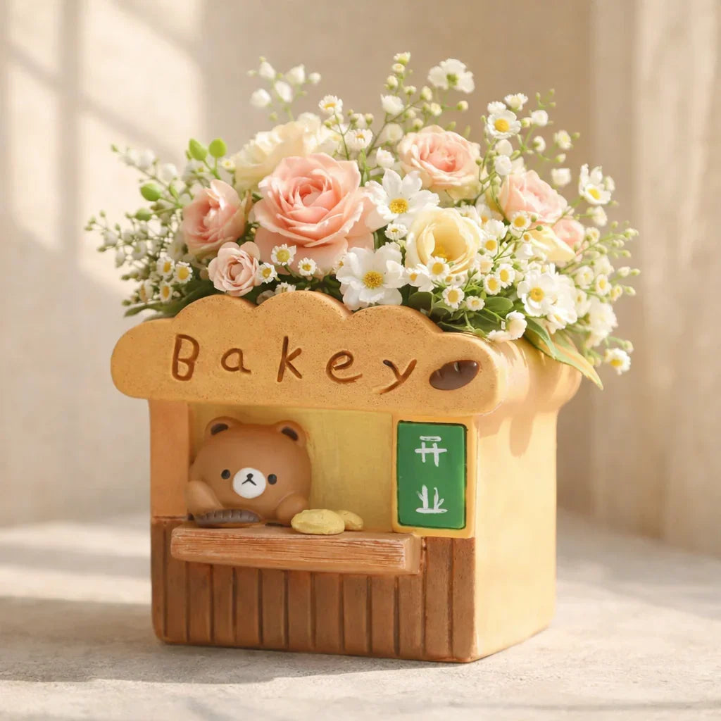 Cute bear bakery flower pot with pastel roses and daisies, soft sunlight, Germiant decor