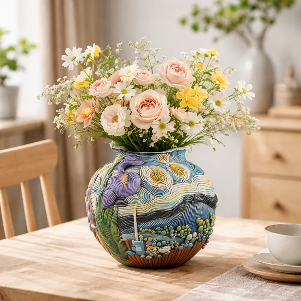 Colorful ceramic vase with textured Van Gogh-style art, holding pink, yellow, and white flowers on a wooden dining table, Germiant home decor.