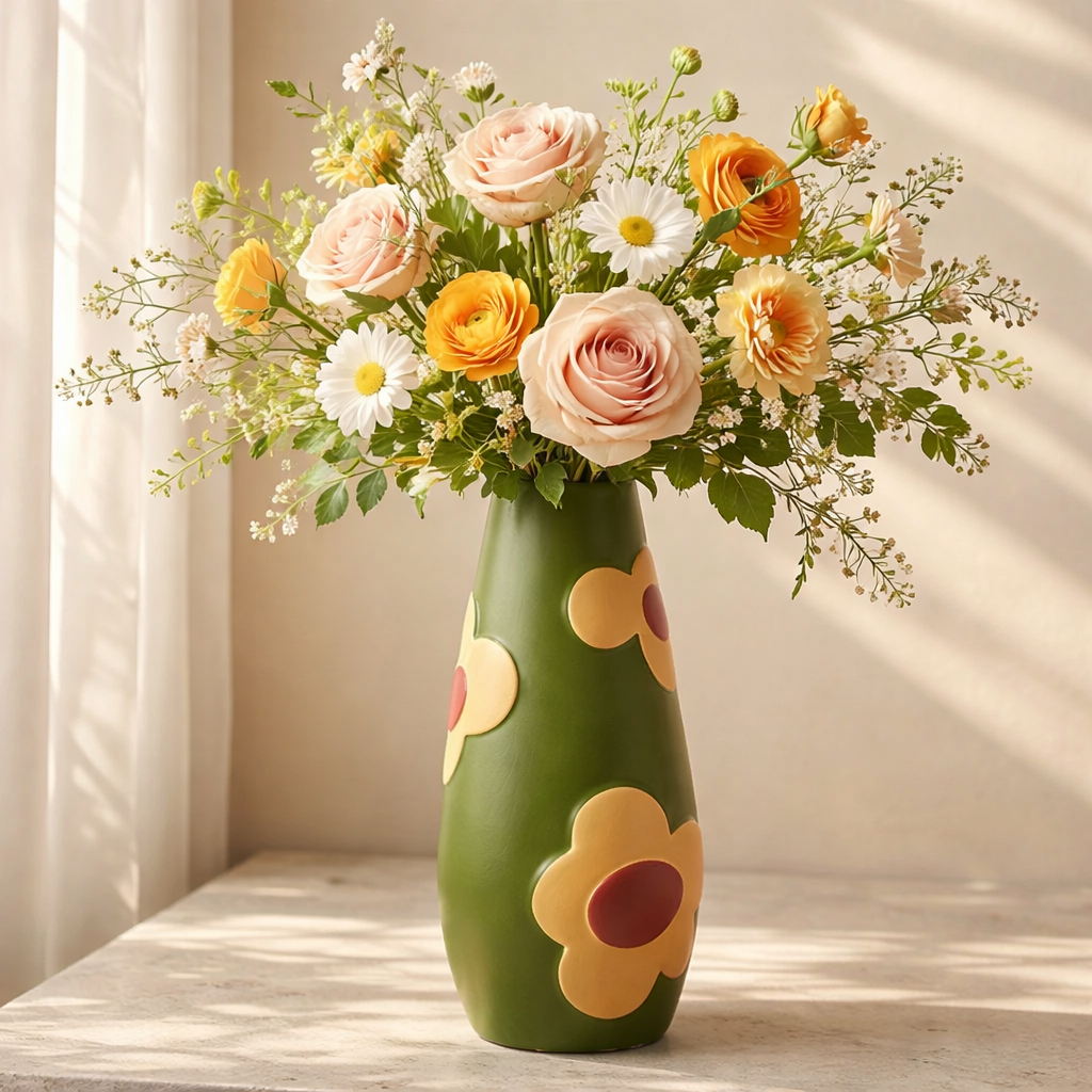 Decorative vase with floral arrangement on a wooden surface