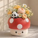 Floral arrangement in a mushroom-shaped pot with a panda figurine on a neutral background