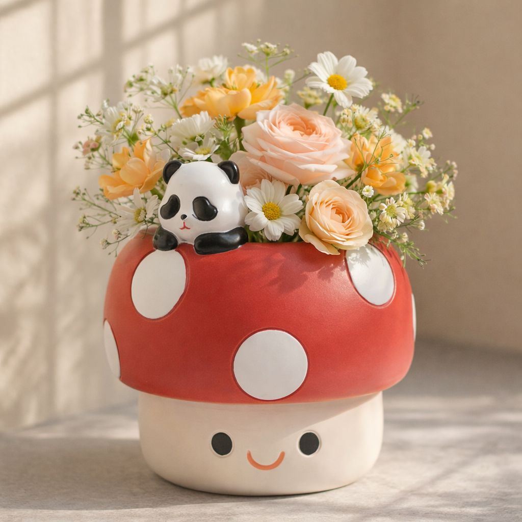 Floral arrangement in a mushroom-shaped pot with a panda figurine on a neutral background
