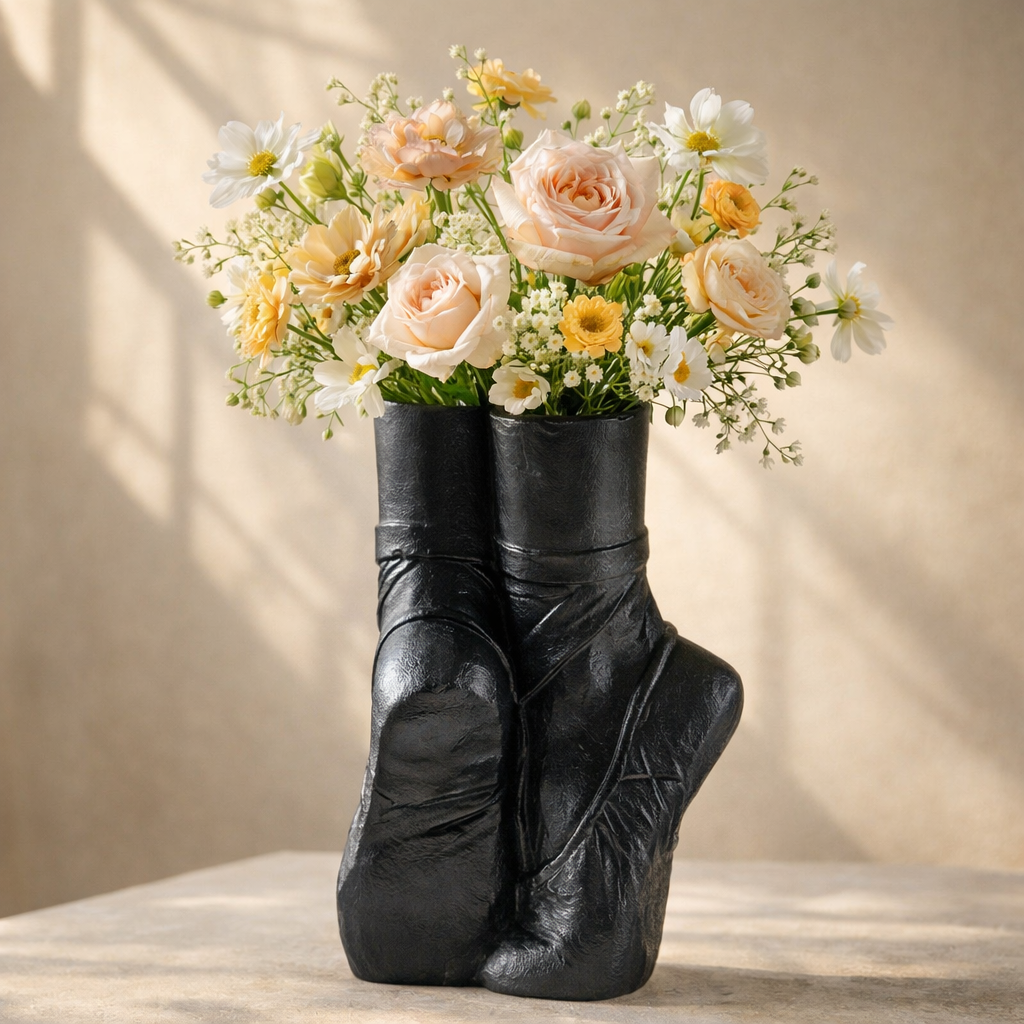 Black leather boot-shaped vase with a bouquet of flowers on a neutral background