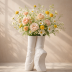 Bouquet of flowers in a unique white vase on a neutral background