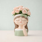 Cute girl planter vase with pink roses, pastel colors, Germiant home decor