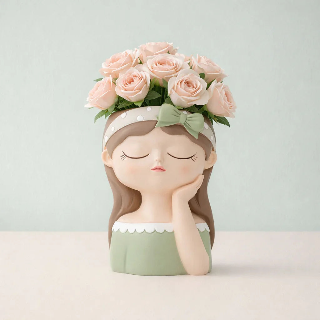 Cute girl planter vase with pink roses, pastel colors, Germiant home decor