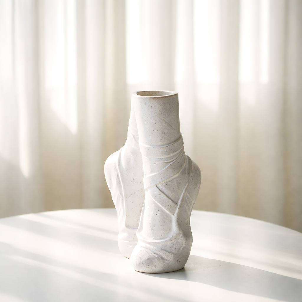 White ceramic vase on a white surface with a light background