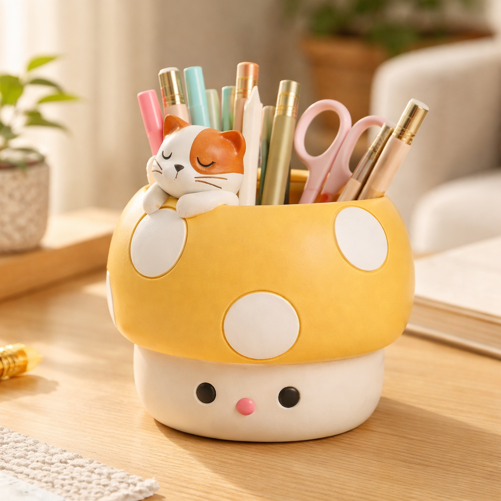 Cute mushroom-shaped pen holder with cat figurine, assorted pens, and scissors on desk