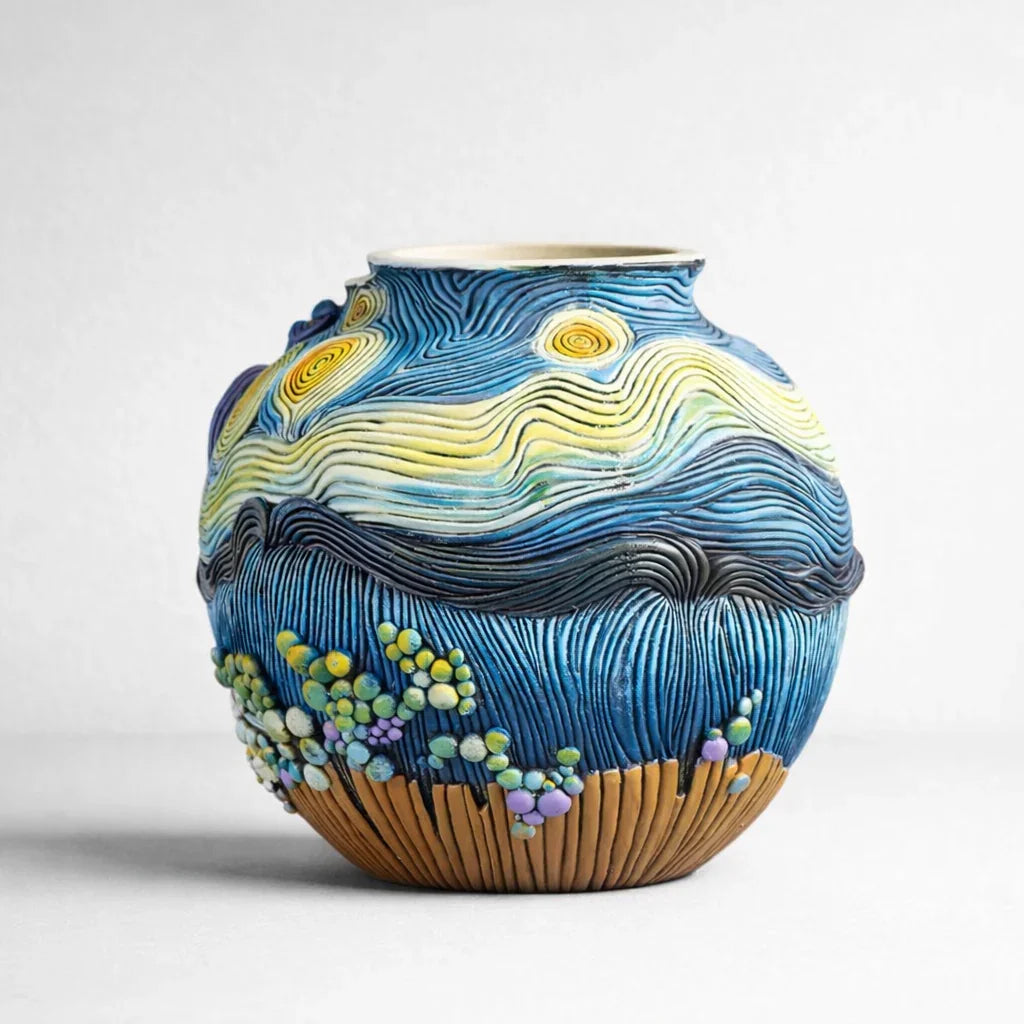Handcrafted ceramic vase with blue, yellow, and floral patterns, Germiant home decor