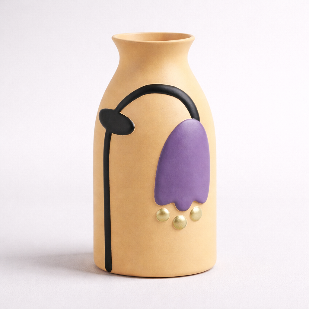 Beige vase with purple and black design on a white background