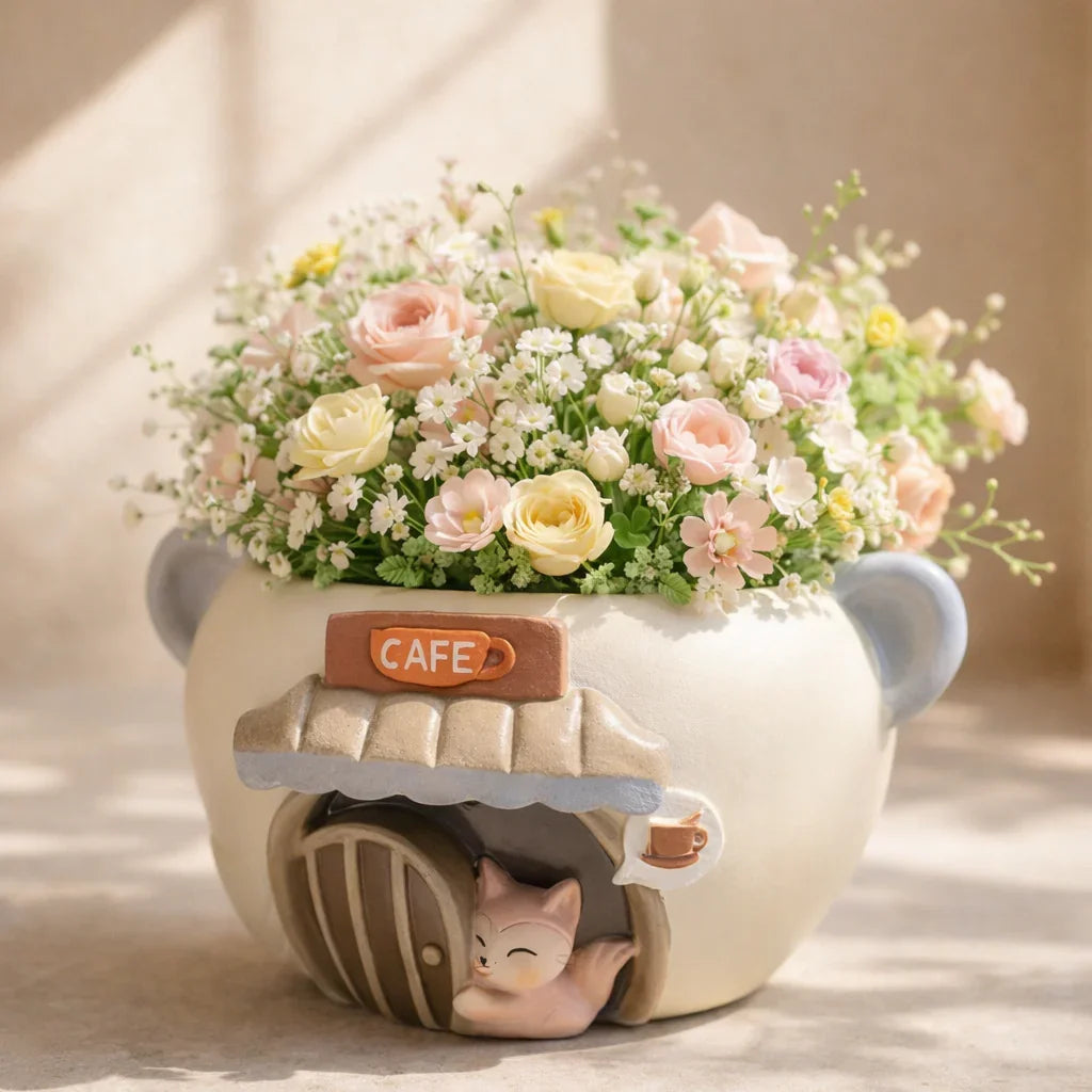 Cute cat cafe ceramic vase with pastel flowers, roses, and baby's breath arrangement