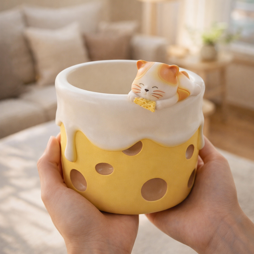 Ceramic mug with a cat design held in hands, blurred living room background