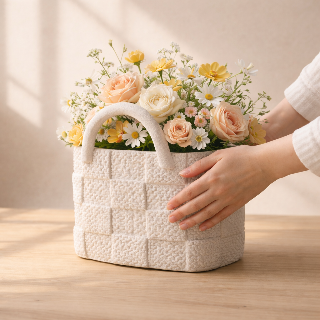 White textured basket filled with flowers on a wooden surface