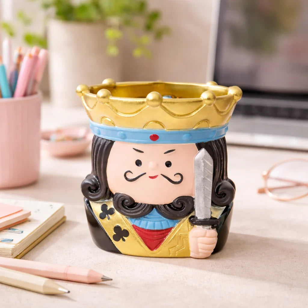 King of clubs playing card ceramic planter with gold crown on desk, Germiant decor