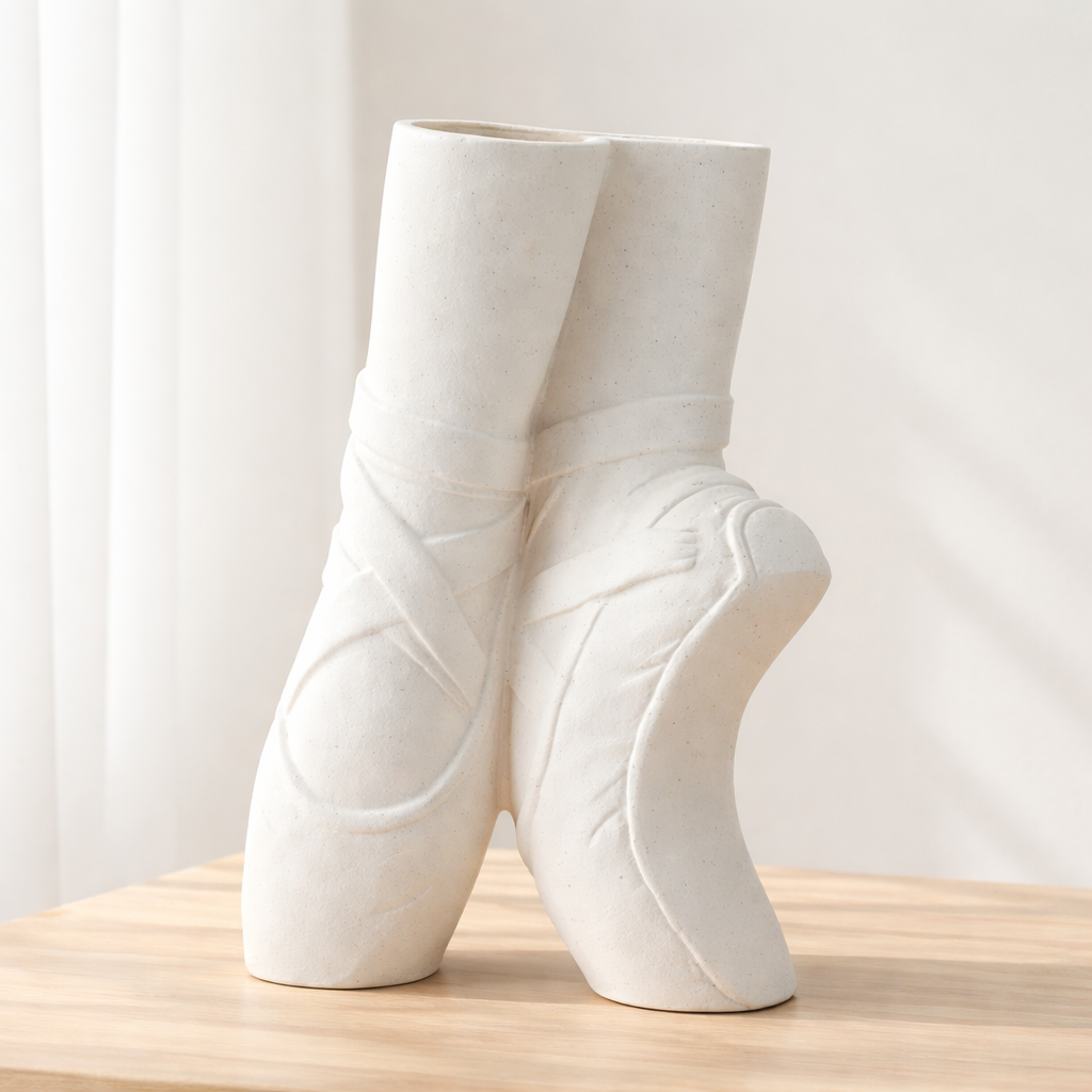 White ceramic ballet shoes on a wooden surface with a light background