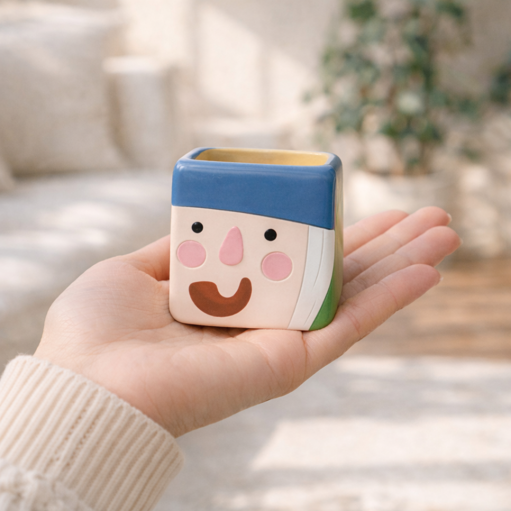 Person holding a small mug with a cartoon face design in a blurred indoor setting