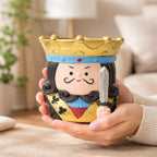 King of clubs novelty mug with crown design held in hands, Germiant home decor