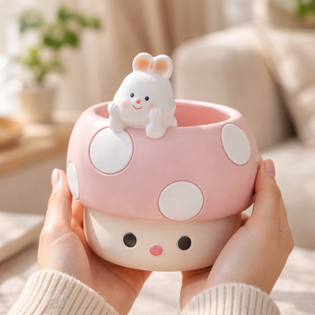 Cute pink mushroom-shaped container with a rabbit figure held by hands in a cozy indoor setting.