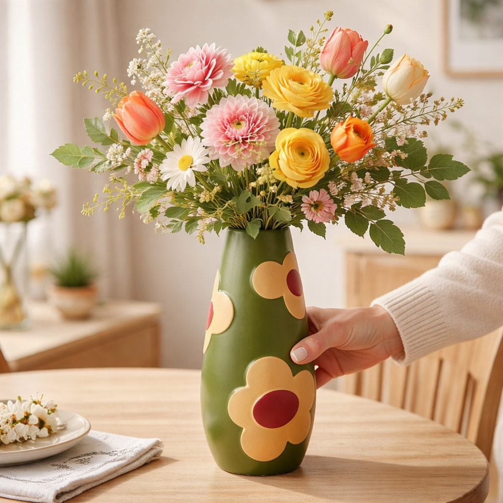 Hand holding a colorful vase with flowers on a wooden table