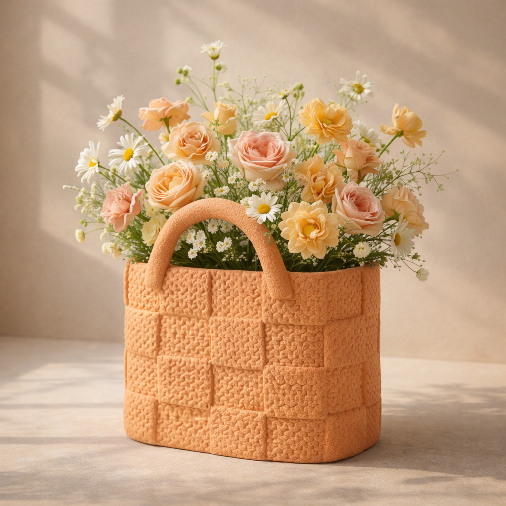 Floral arrangement in a woven basket on a wooden surface with a neutral background